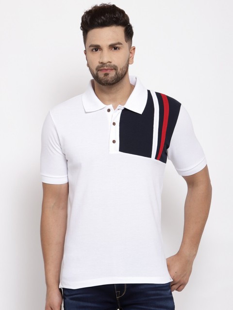 

Kalt Men White & Navy Blue Colourblocked Polo Collar T-shirt