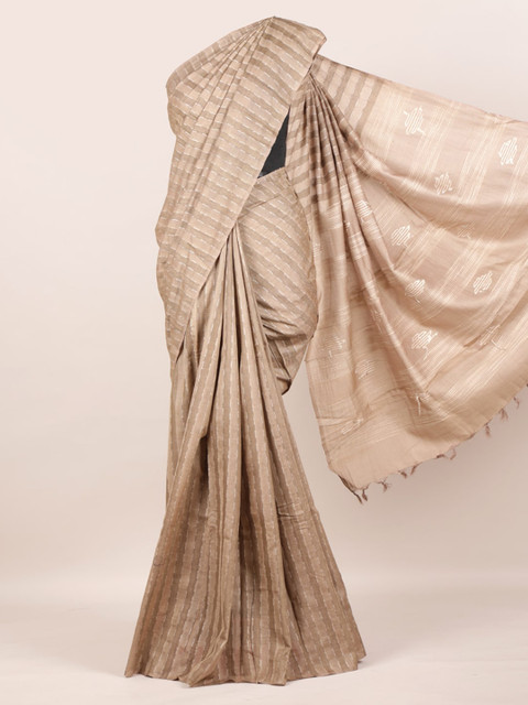 

Pothys Brown Pure Silk Striped Tussar Saree