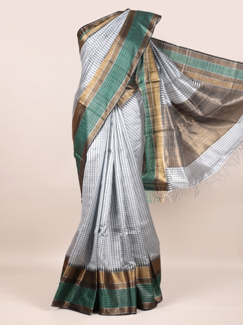 

Pothys Grey & Green Pure Silk Checked Saree
