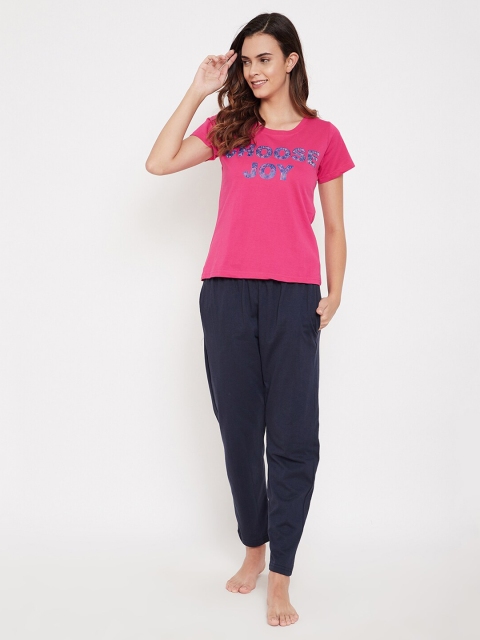 

Clovia Women Pink & Navy Blue Printed Cotton Night suit
