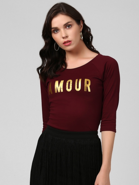 

The Dry State Women Maroon & Golden Pure Cotton Printed Round Neck T-shirt