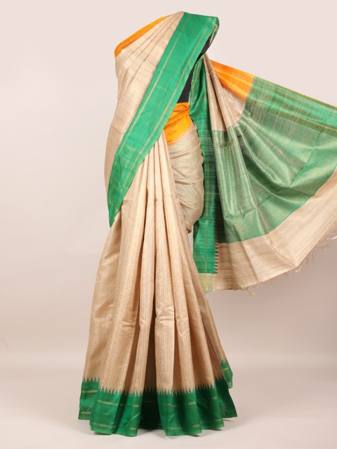 

Pothys Cream-Coloured Checked Pure Silk Saree