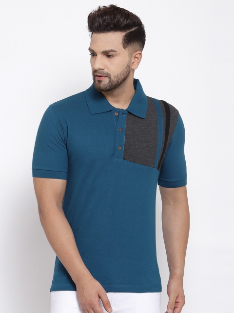

Kalt Men Teal Blue & Charcoal Grey Colourblocked Polo Collar T-shirt