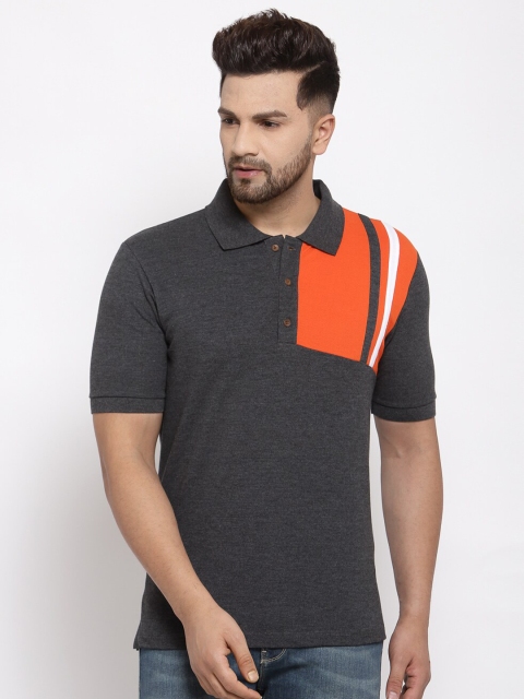 

Kalt Men Charcoal Grey & Orange Colourblocked Polo Collar T-shirt