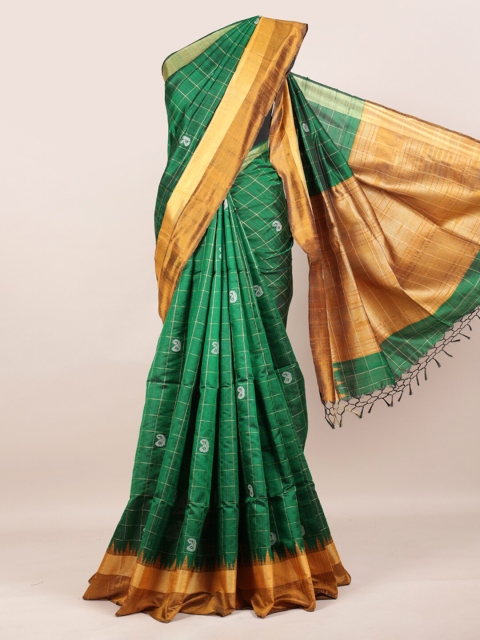 

Pothys Green & Gold-Toned Pure Silk Checked Saree