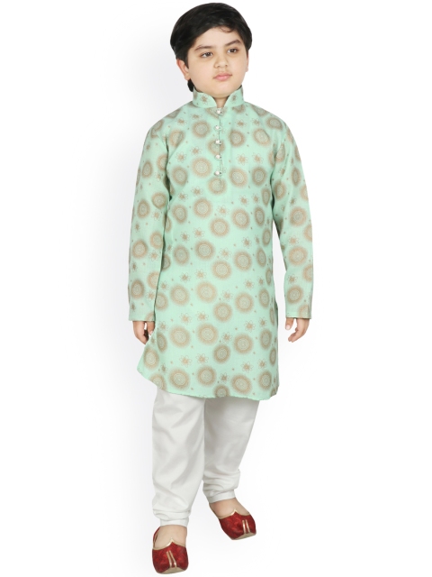 

SG YUVRAJ Boys Green & Golden Printed Straight Handloom Kurta with Pyjamas