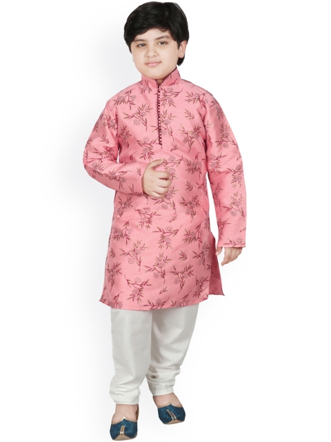

SG YUVRAJ Boys Pink & Maroon Floral Printed Straight Raw Silk Kurta with Pyjamas