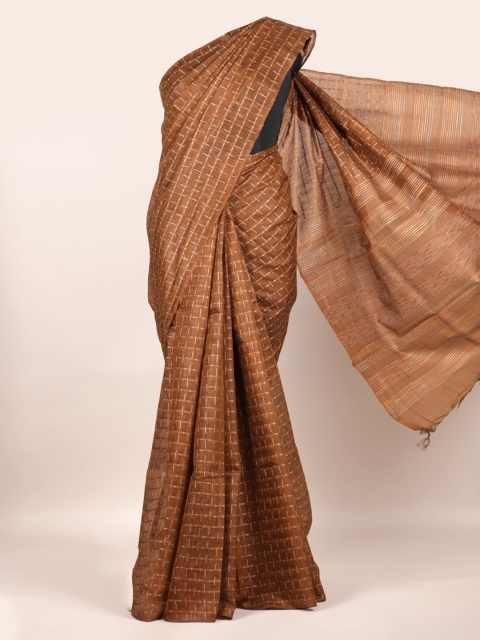 Pothys Brown Woven Design Embroidered Pure Silk Tussar Saree