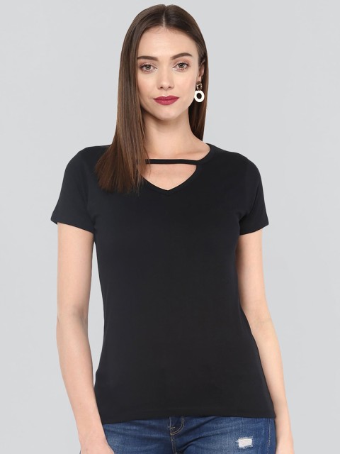 

The Dry State Women Black Pure Cotton Solid Stylized V-Neck T-shirt