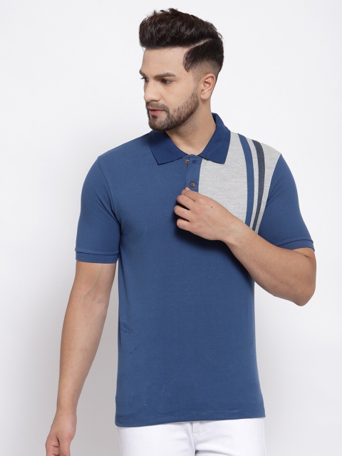 

Kalt Men Blue & Grey Melange Colourblocked Polo Collar T-shirt