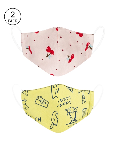 VEA Kids Pack Of 2 Pink & Yellow Printed Cotton 3-Ply Reusable Outdoor Cloth Masks