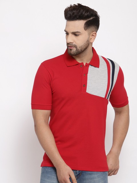 

Kalt Men Red & Grey Melange Colourblocked Polo Collar T-shirt