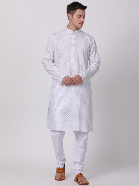 

TABARD Men White & Navy Blue Printed Mandarin Collar Cotton Kurta