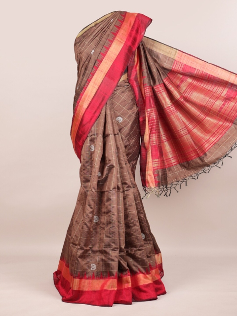 

Pothys Brown & Red Pure Silk Checked Saree
