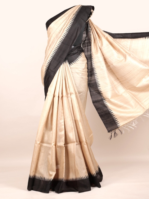 

Pothys Cream-Coloured & Black Pure Silk Solid Saree