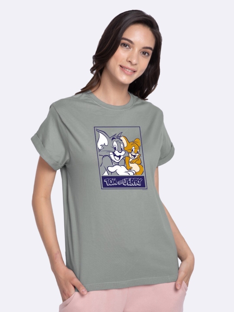 

Bewakoof Women Grey & Navy Blue Pure Cotton Printed Tom & Jerry Boyfriend T-shirt