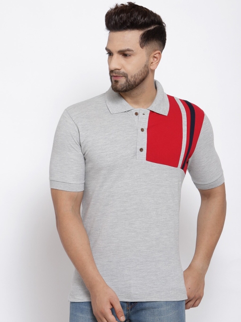 

Kalt Men Grey Melange & Red Colourblocked Polo Collar T-shirt
