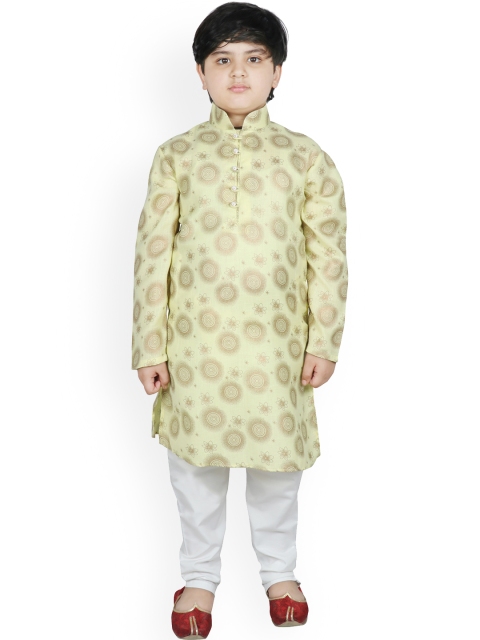 

SG YUVRAJ Boys Lime Green & Golden Printed Straight Handloom Kurta with Pyjamas