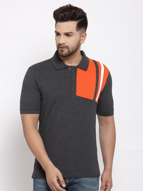 

Kalt Men Charcoal Grey & Orange Colourblocked Polo Collar T-shirt