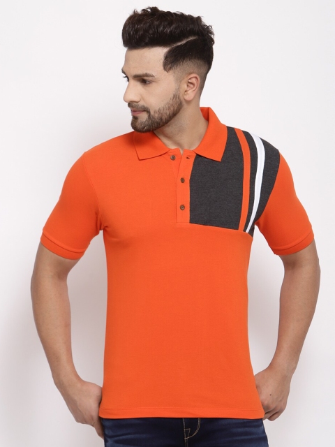 

Kalt Men Orange & Charcoal Grey Colourblocked Polo Collar T-shirt