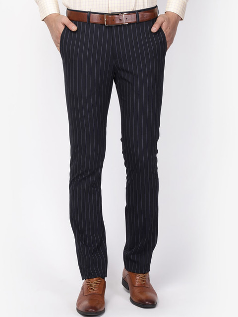 

Blackberrys Men Navy Blue Slim Fit Striped Formal Trousers