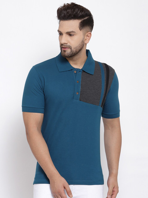 

Kalt Men Teal Blue & Charcoal Grey Colourblocked Polo Collar T-shirt