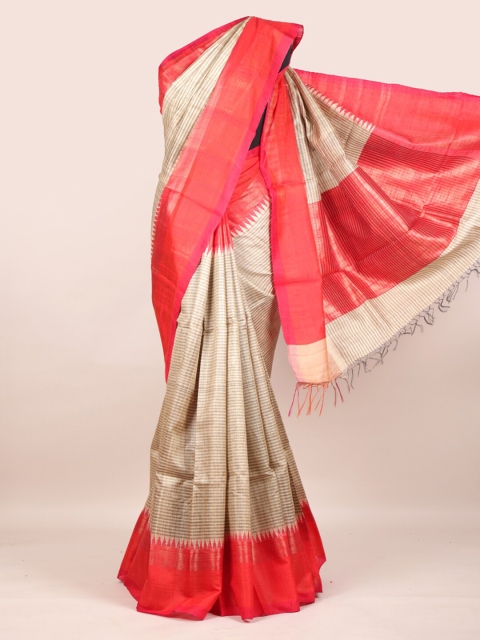 

Pothys Cream-Coloured & Red Striped Zari Pure Silk Saree