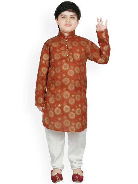 

SG YUVRAJ Boys Rust Brown & Golden Printed Straight Handloom Kurta with Pyjamas
