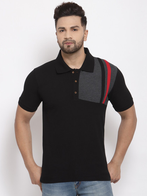 

Kalt Men Black & Charcoal Grey Colourblocked Polo Collar T-shirt
