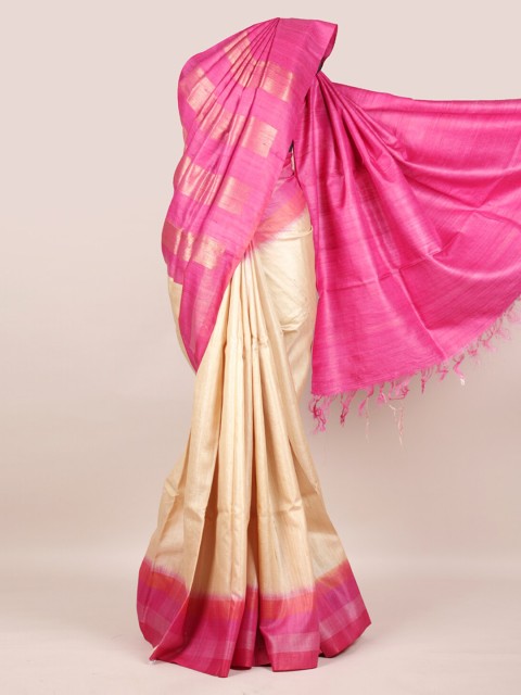 

Pothys Cream-Coloured & Pink Woven Design Pure Dupion Silk Saree
