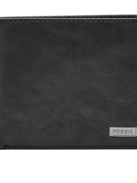

Fossil Men Black Textured RFID Leather Two Fold Wallet with Keychain