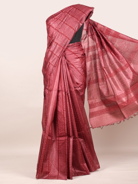 

Pothys Maroon Pure Silk Striped Tussar Saree