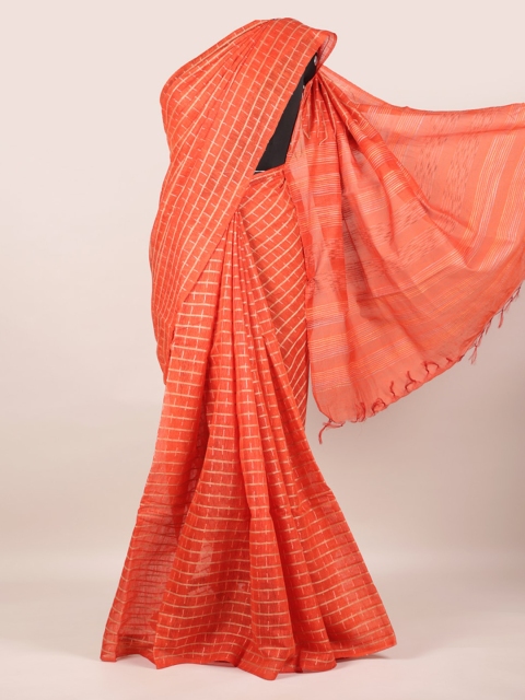 

Pothys Orange Checked Zari Pure Silk Tussar Saree