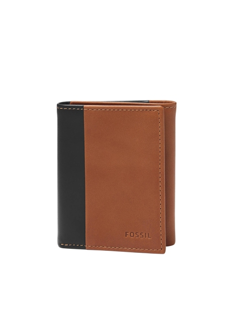 

Fossil Men Brown & Black Colourblocked Leather Three Fold Wallet