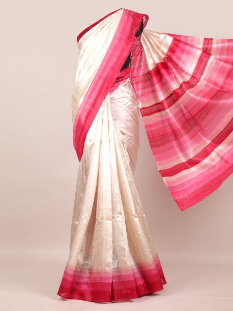 

Pothys Off-White & Pink Pure Silk Solid Saree