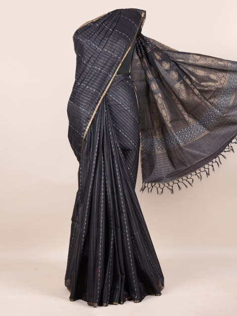 

Pothys Black Pure Silk Striped Tussar Saree