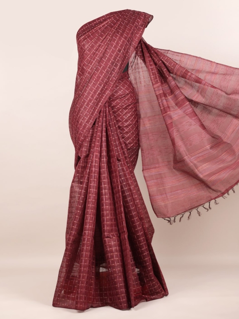 

Pothys Maroon Checked Tussar Pure Silk Saree