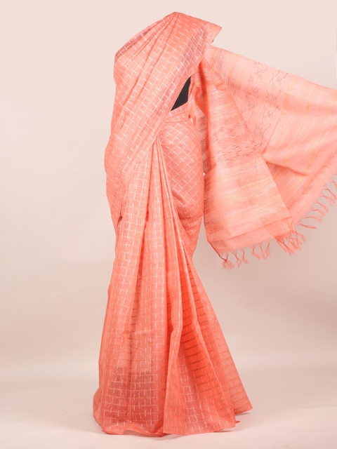 

Pothys Peach-Coloured Pure Silk Checked Tussar Saree