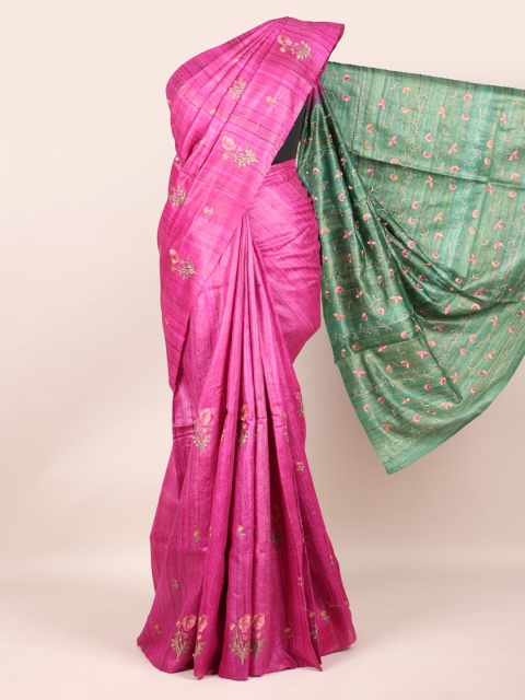 

Pothys Magenta Floral Embroidered Pure Silk Tussar Saree