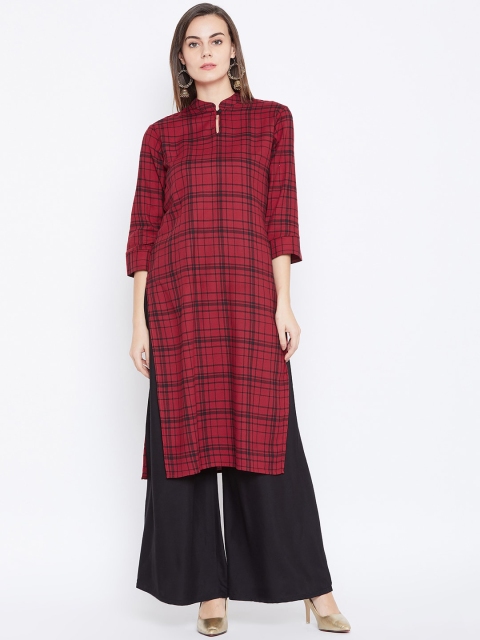 

One Femme Women Red & Black Mandarin Collar Checked Cotton Kurta