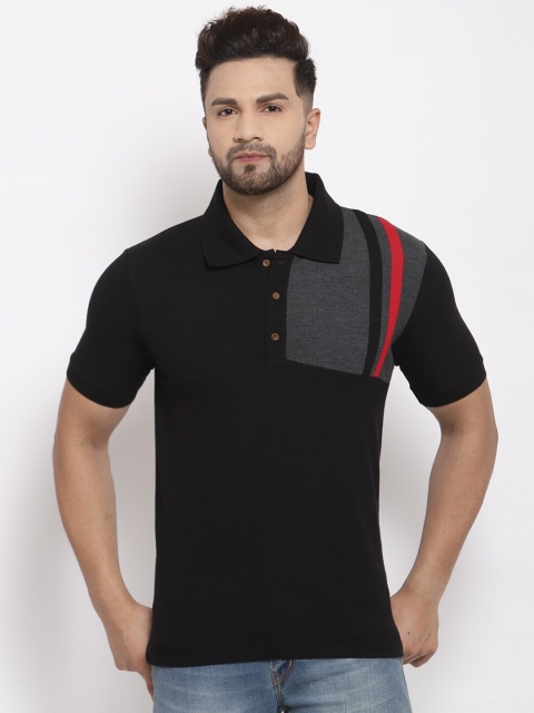 

Kalt Men Black & Charcoal Grey Colourblocked Polo Collar T-shirt