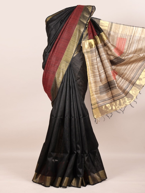 

Pothys Black Striped Embroidered Pure Silk Saree