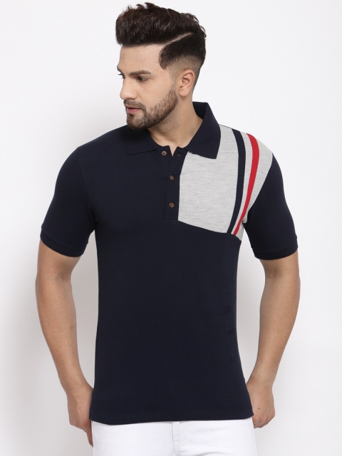 

Kalt Men Navy Blue & Grey Melange Colourblocked Polo Collar T-shirt