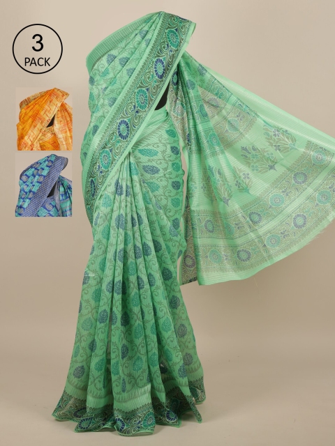 

Pothys Pack of 3 Green & Orange Floral Jute Silk Saree