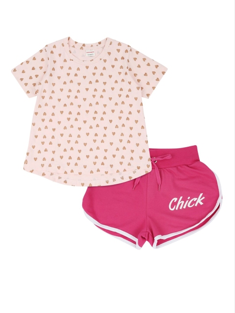 

RAINE AND JAINE Girls Pink & Cream-Coloured Printed T-shirt with Shorts