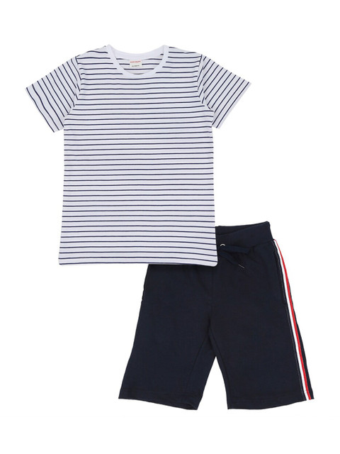 

RAINE AND JAINE Boys White & Navy Blue Striped Cotton T-shirt with Shorts