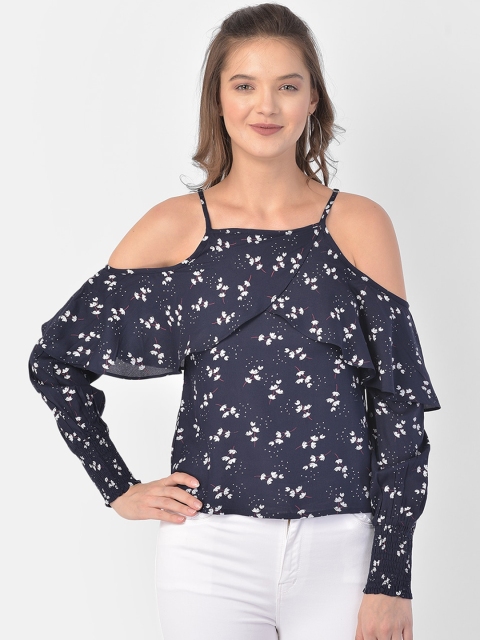 

Eavan Women Solid Navy Blue Floral Printed Ruffles Regular Top