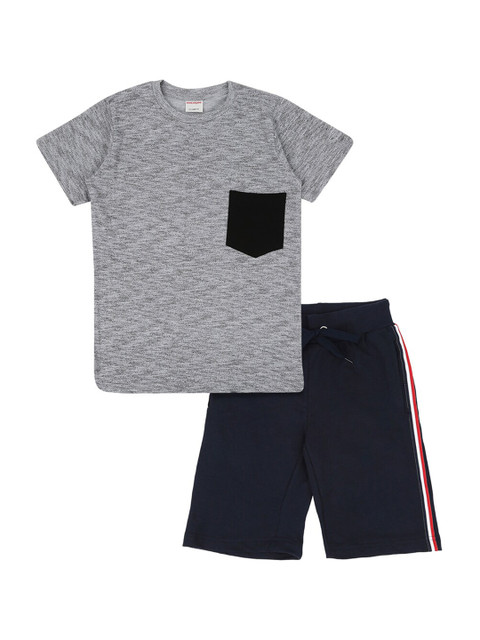 

RAINE AND JAINE Boys Grey & Navy Blue Self Design T-shirt with Shorts