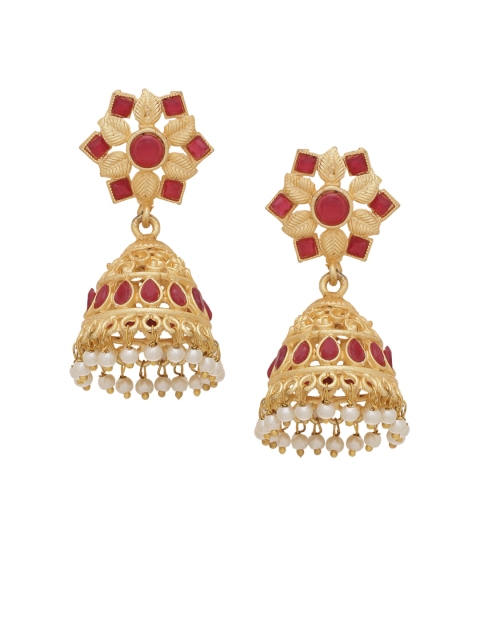 

Silvermerc Designs Red Gold-Plated Handcrafted Dome Shaped Jhumkas Earrings