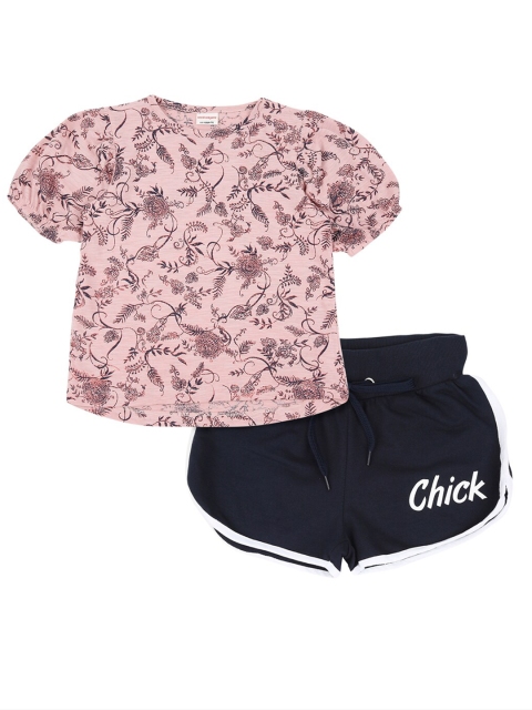 

RAINE AND JAINE Girls Pink & Navy Blue Printed T-shirt with Shorts